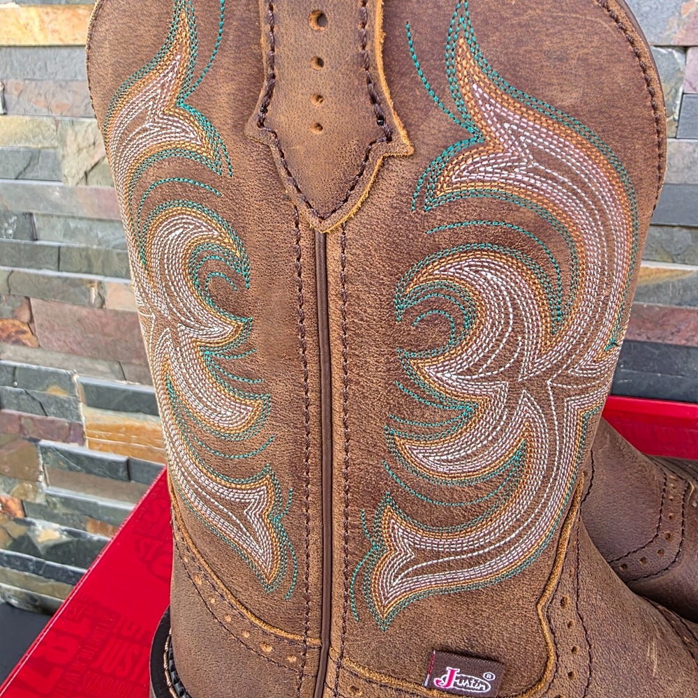 Justin Boots INJI Brown Water Buffalo Wide Square Toe Boots Size 6B GY9984 NEW - Picture 3 of 16